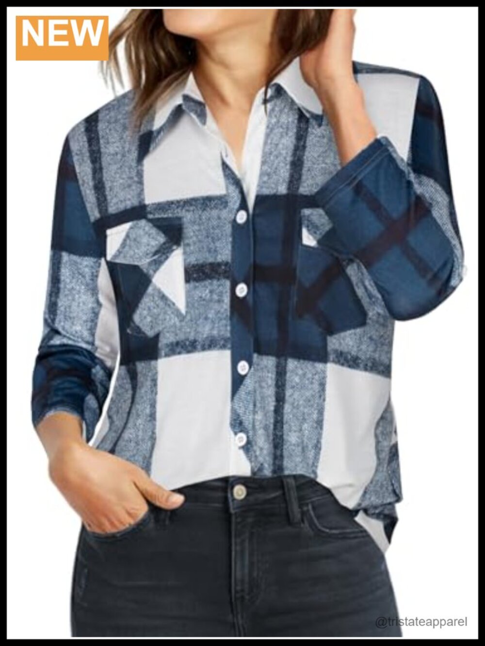 Women's Plaid Button Down Shirt 3/4 Sleeve Blouse Tunic Stretch Polyester